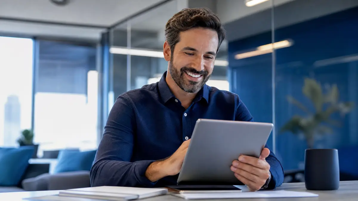 Homem sorridente em escritório corporativo, usando um tablet e trabalhando em frente ao computador lendo sobre salário do trabalhador intermitente, em um ambiente moderno com vidros e mesas.