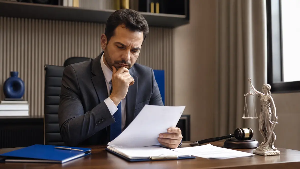 Homem em escritório de advocacia, sentado à mesa com papéis e caneta, lendo documentos sobre seguro-desemprego no trabalho intermitente com expressão concentrada enquanto usa um apontador de lei e balança de justiça ao lado.