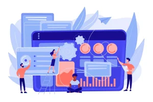 Ilustração de gestão de grande volume de intermitentes, mostrando pessoas interagindo com gráficos, dados e detalhes visuais em uma tela digital, destacando técnicas de administração eficiente de dados complexos.