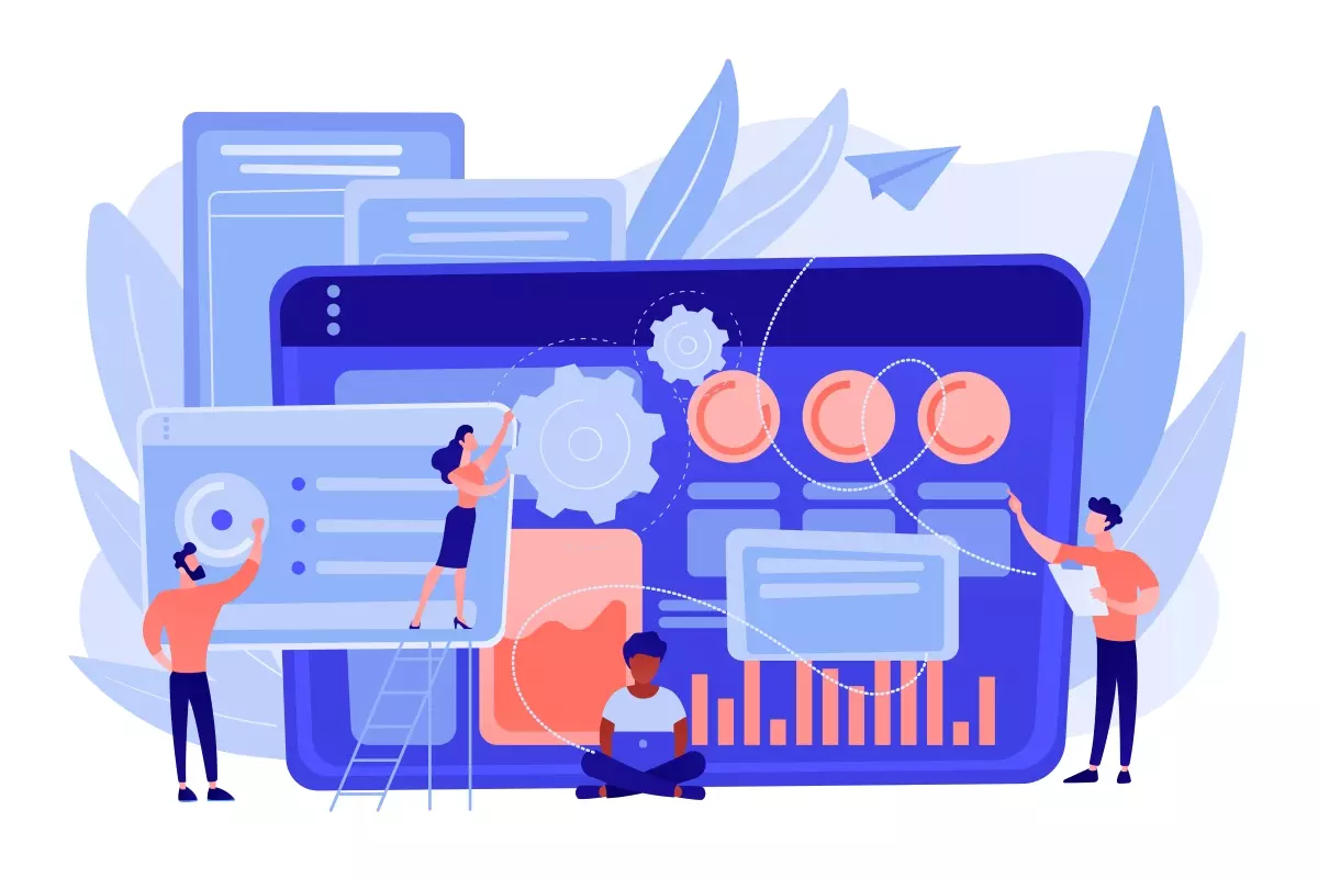 Ilustração de gestão de grande volume de intermitentes, mostrando pessoas interagindo com gráficos, dados e detalhes visuais em uma tela digital, destacando técnicas de administração eficiente de dados complexos.