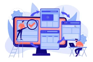 Ilustração de um sistema digital para empresas com mais de 20 intermitentes, com elementos de gerenciamento, automação e controle de processos.