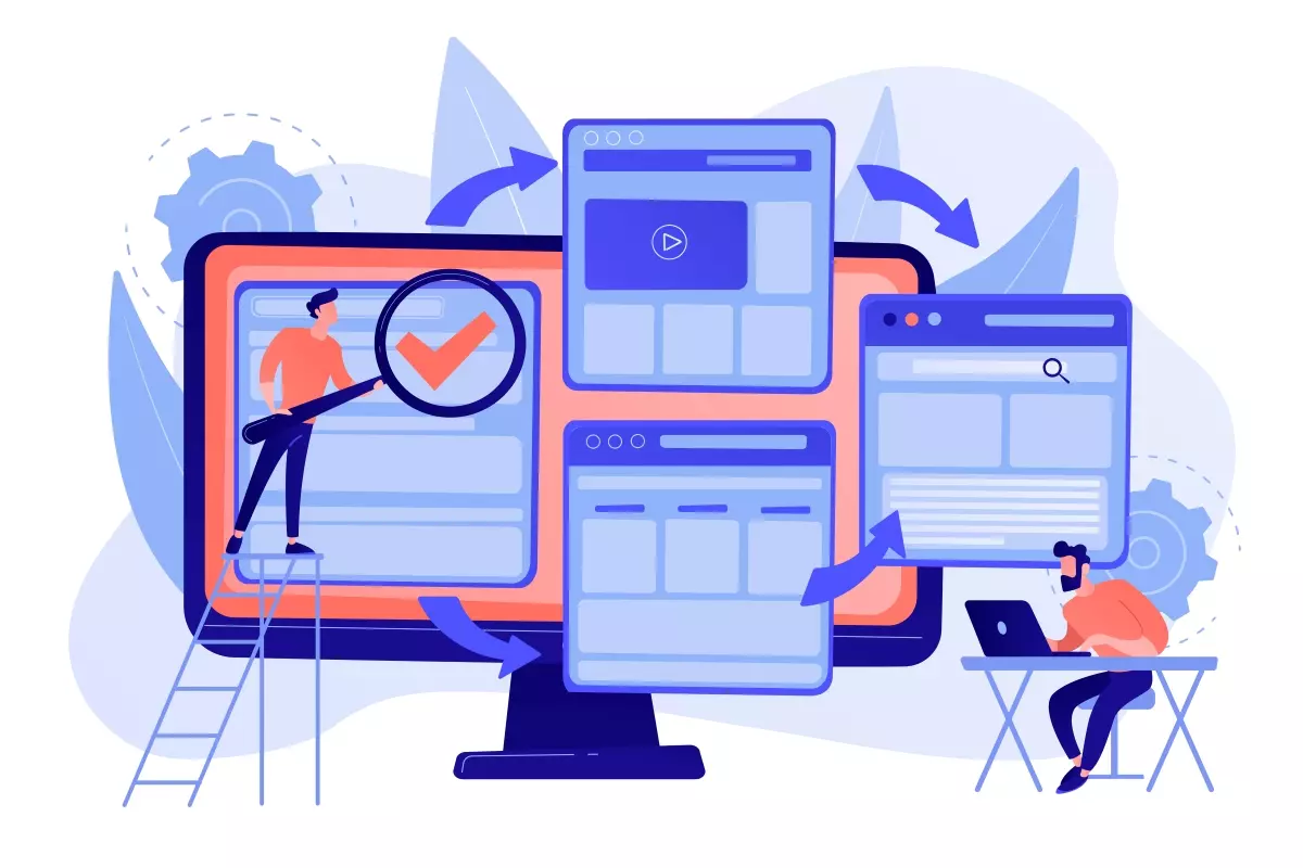 Ilustração de um sistema digital para empresas com mais de 20 intermitentes, com elementos de gerenciamento, automação e controle de processos.