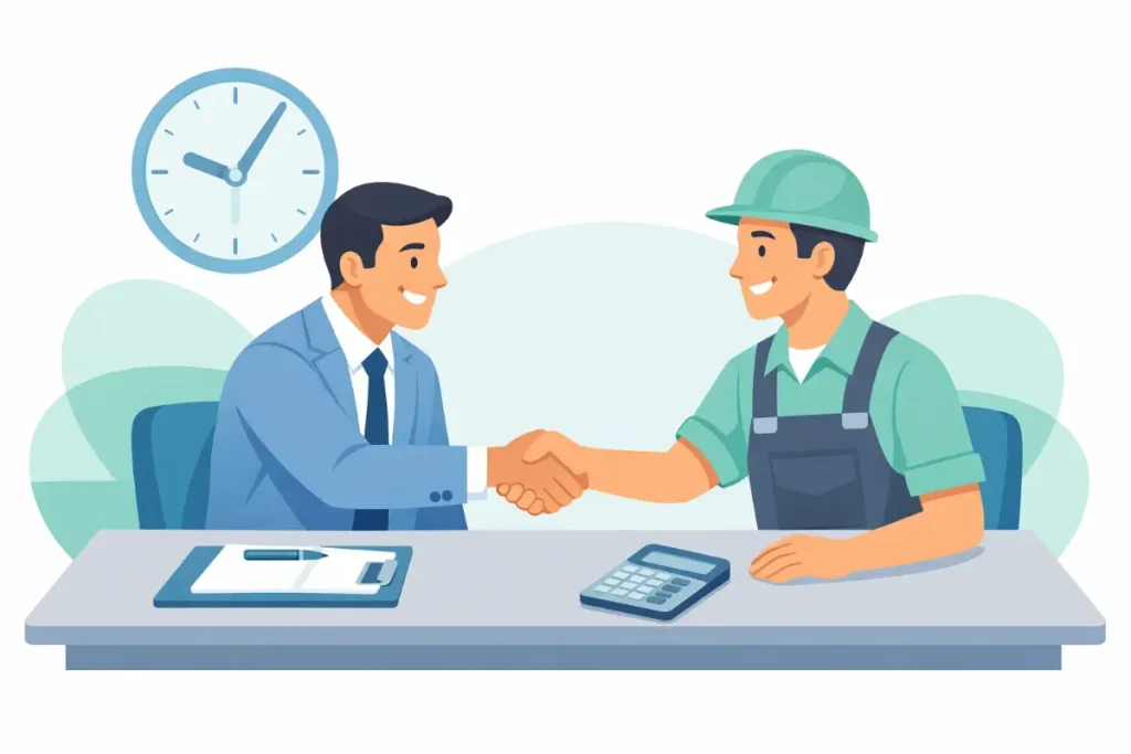 Ilustração sobre cálculo das horas trabalhadas no contrato intermitente, mostrando uma reunião entre um empresário e um trabalhador negociando o acordo. A imagem inclui relógio que representa o controle de tempo, além de uma planilha e uma calculadora na mesa, simbolizando o cálculo das horas.