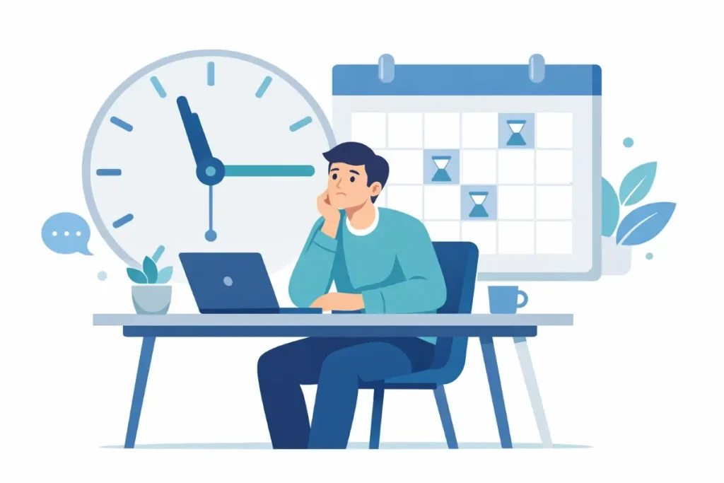 Pessoa pensativa no trabalho em uma mesa, com relógio e calendário ao fundo, ilustrando a inatividade obrigatória no trabalho intermitente.