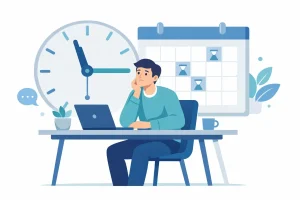 Pessoa pensativa no trabalho em uma mesa, com relógio e calendário ao fundo, ilustrando a inatividade obrigatória no trabalho intermitente.
