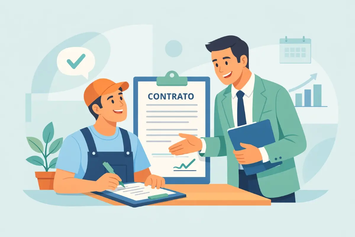 Ilustração de um profissional explicando leis trabalhistas no contrato intermitente para um trabalhador, ressaltando as regras e benefícios dessa modalidade.