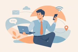 Ilustração representando que o trabalhador intermitente é subordinado, mostrando profissional usando celular e notebook durante comunicação e gestão de trabalho remoto.