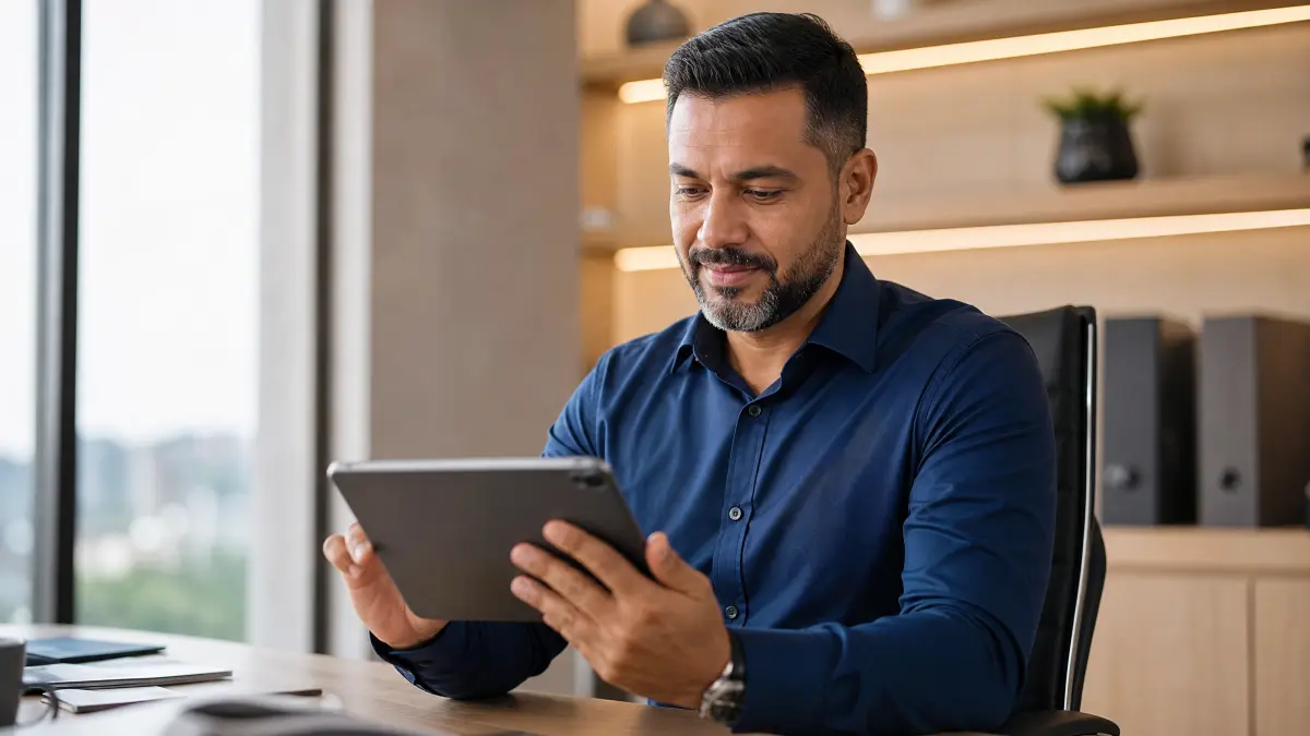 Homem em escritório corporativo usando um tablet, concentrado e com expressão de avaliação, trabalhando em uma mesa com pastas ao lado com as vantagens do contrato intermitente e fundo com prateleiras e equipamentos