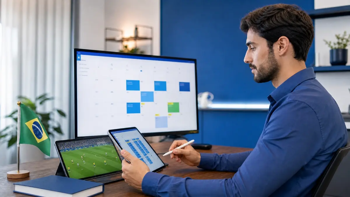 Homem trabalhando em escritório com monitores exibindo gráficos e planilhas, usando tablet e caneta, ao lado da bandeira do Brasil e montando escala de trabalho para dias de jogos da copa, em ambiente corporativo moderno.