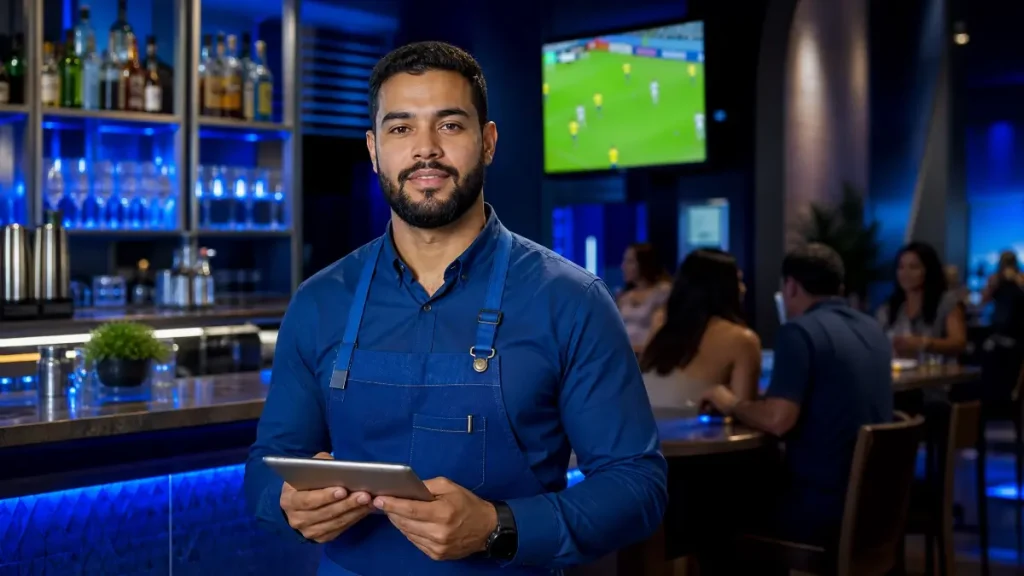 Homem de uniforme azul, com avental e crachá, segurando um tablet em um bar ou restaurante com iluminação azul e prateleiras de bebidas ao fundo, durante o trabalho intermitente na copa.