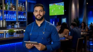 Homem de uniforme azul, com avental e crachá, segurando um tablet em um bar ou restaurante com iluminação azul e prateleiras de bebidas ao fundo, durante o trabalho intermitente na copa.
