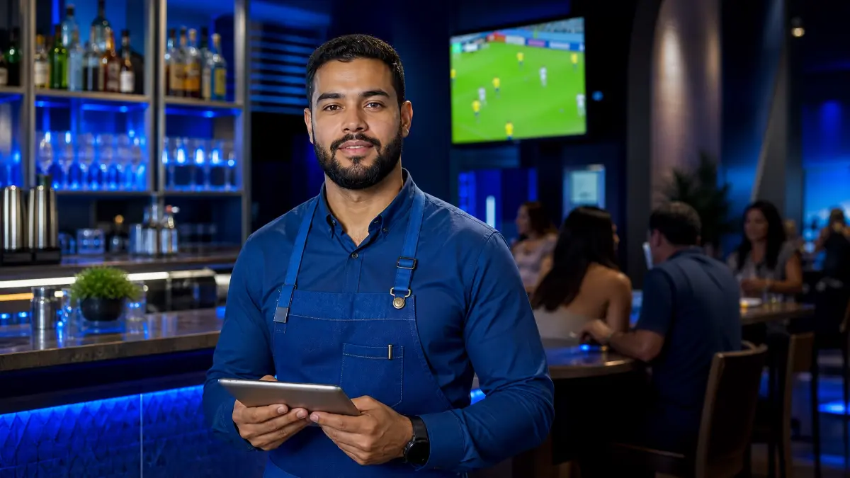 Homem de uniforme azul, com avental e crachá, segurando um tablet em um bar ou restaurante com iluminação azul e prateleiras de bebidas ao fundo, durante o trabalho intermitente na copa.