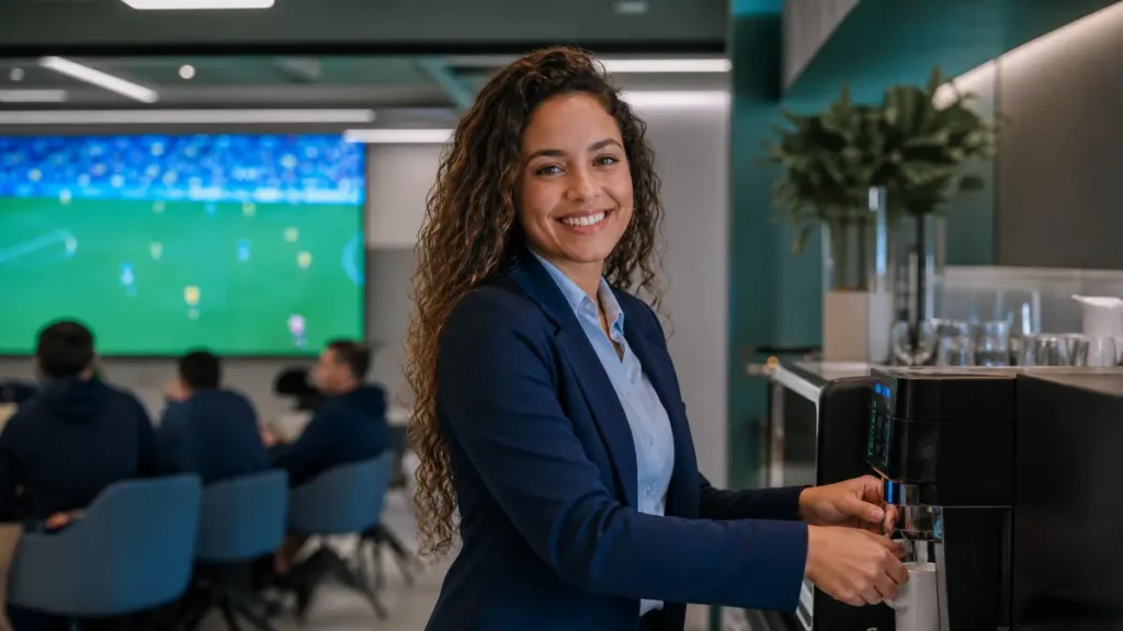 Mulher sorridente em ambiente corporativo com trabalho temporário ou intermitente na copoa ao fundo, servindo café em uma máquina de café expresso em evento ou escritório.