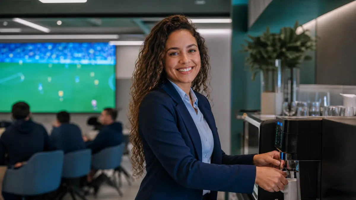Mulher sorridente em ambiente corporativo com trabalho temporário ou intermitente na copoa ao fundo, servindo café em uma máquina de café expresso em evento ou escritório.