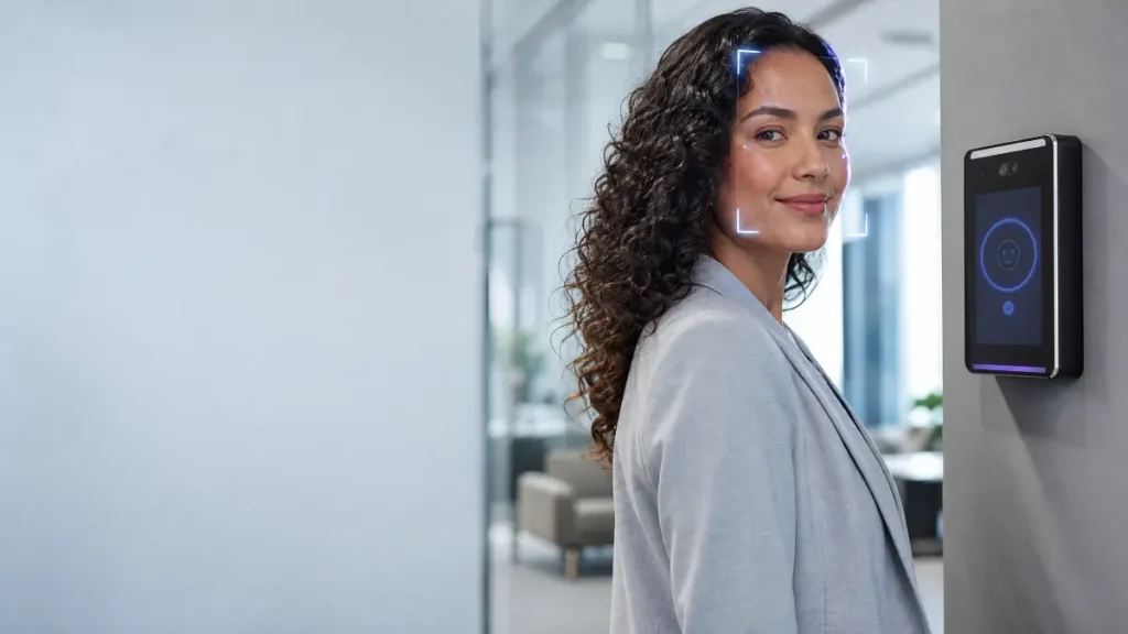 Mulher com jaleco sorrindo em um ambiente de escritório, ao lado de um terminal de controle de ponto com reconhecimento facial instalado na parede, com luzes de leitura no dispositivo.