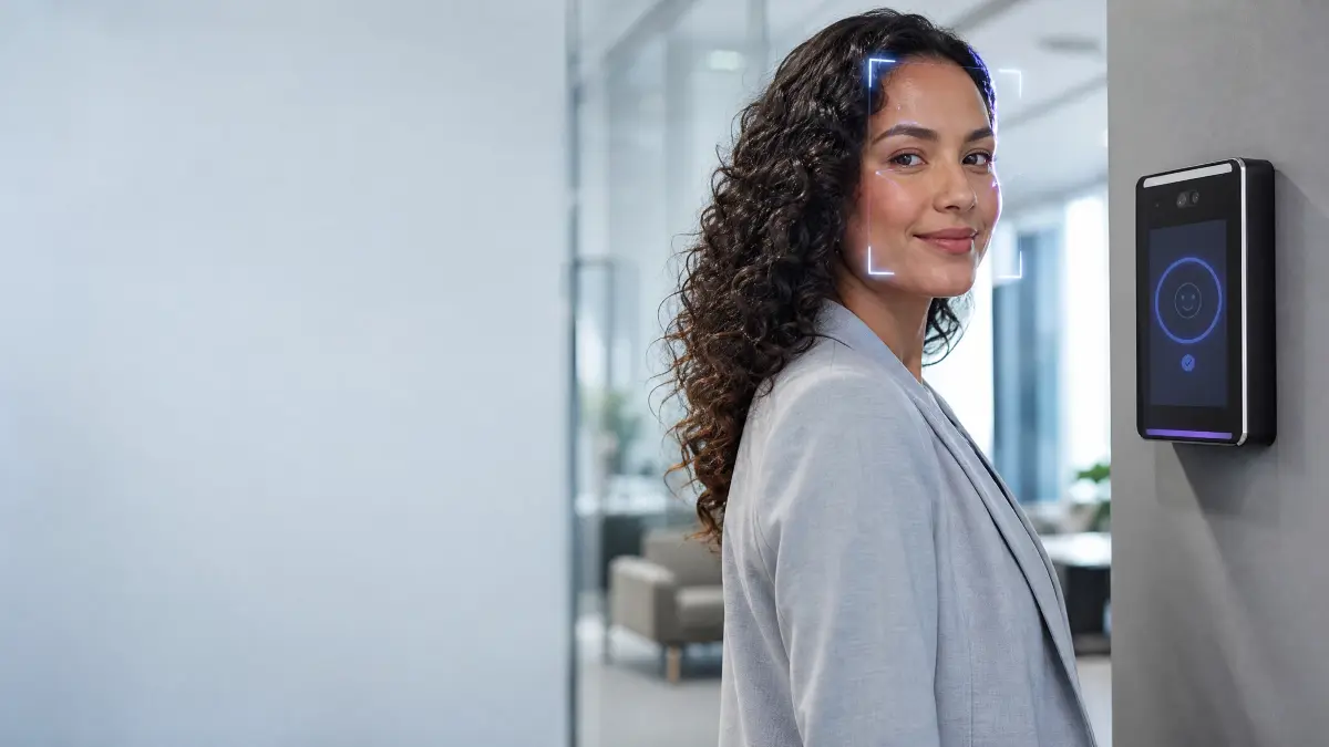 Mulher com jaleco sorrindo em um ambiente de escritório, ao lado de um terminal de controle de ponto com reconhecimento facial instalado na parede, com luzes de leitura no dispositivo.