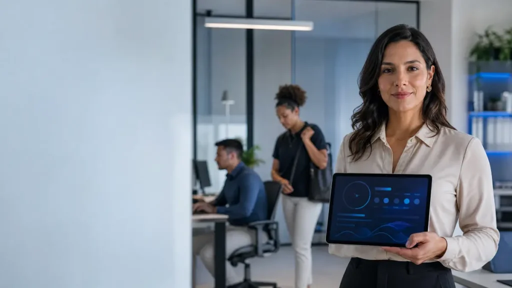 Controle de ponto para mensalistas e intermitentes: mulher em ambiente corporativo segura um tablet com interface de dados, enquanto outras pessoas trabalham ao fundo.
