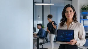 Controle de ponto para mensalistas e intermitentes: mulher em ambiente corporativo segura um tablet com interface de dados, enquanto outras pessoas trabalham ao fundo.