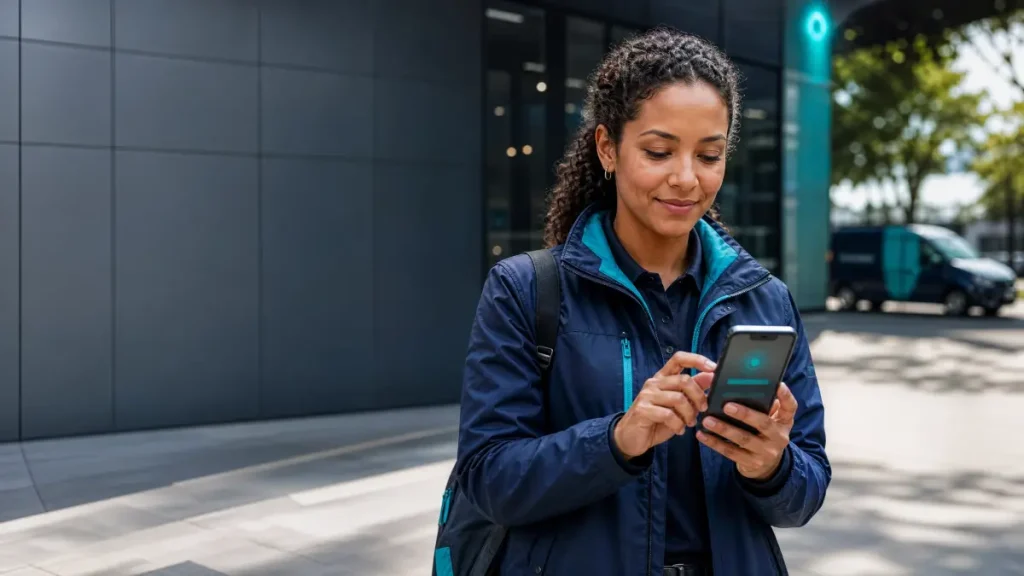 Mulher usando smartphone em ambiente externo corporativo, com expressão focada, enquanto confere informações no celular; imagem ilustrativa de controle de ponto para equipes externas.