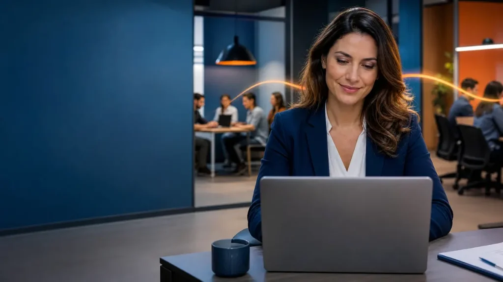 Em um escritório, uma mulher com traje social utiliza um notebook enquanto trabalha em um ambiente corporativo com pessoas ao fundo; destaque para a organização e o controle de rotina, com espaço de sobra à esquerda. controle de ponto para filiais