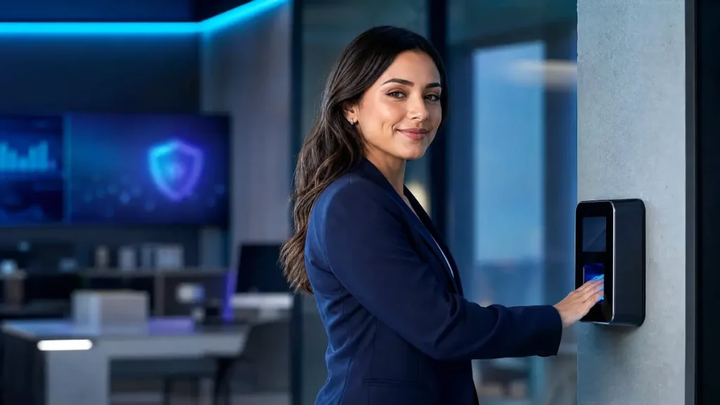 Mulher em ambiente corporativo usando biometria no leitor de Portaria 671 ponto eletrônico, em contexto de controle de acesso ao relógio de ponto.