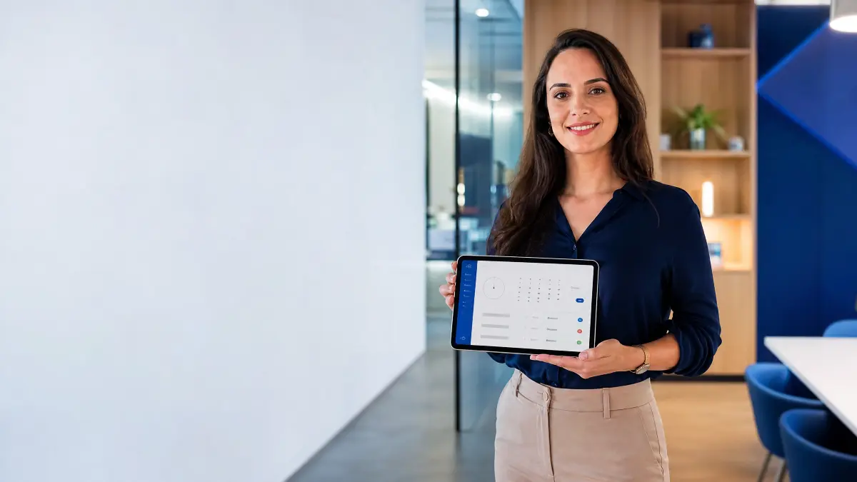 Mulher em ambiente corporativo apresenta um tablet com interface de controle de atividades e horários, sugerindo um sistema de ponto eletrônico para empresas no escritório.