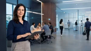 Equipe em escritório moderno com profissional em primeiro plano segurando prancheta, enquanto colegas trabalham ao fundo; visão corporativa de um sistema para equipes fixas e intermitentes.