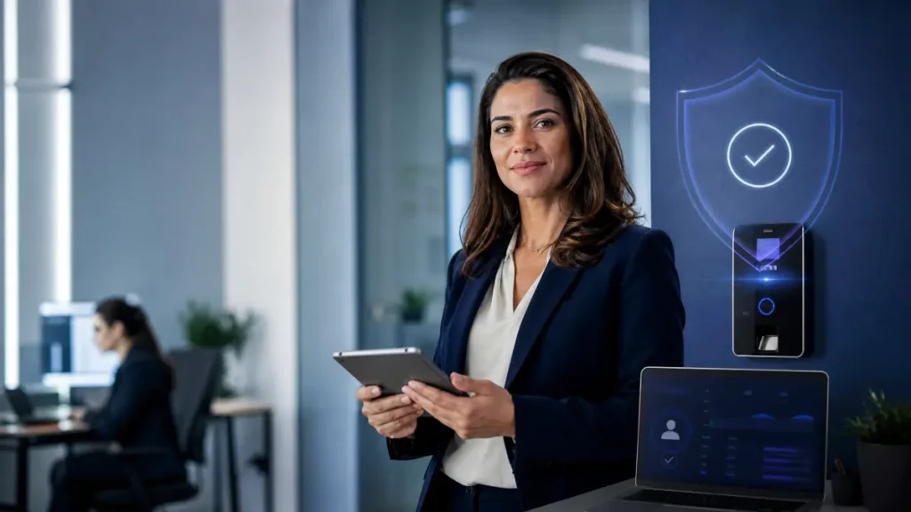 Em um escritório, uma profissional segura um tablet enquanto na tela ao lado aparece um símbolo de escudo com tecnologia de autenticação, sugerindo como evitar fraude no ponto.