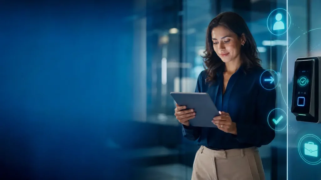 controle de ponto é obrigatório: Mulher em ambiente corporativo usando um tablet enquanto ao lado aparece um dispositivo de identificação biométrica e ícones digitais de controle de ponto, sugerindo automação de registro de presença.