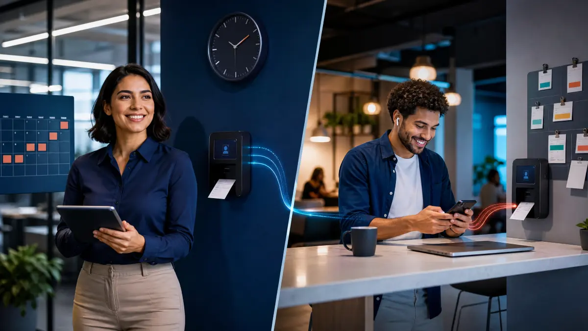 Colaboradores em ambiente de escritório usando sistemas de controle de ponto, com relógio analógico e leitores de identificação para ponto de mensalista versus ponto intermitente.
